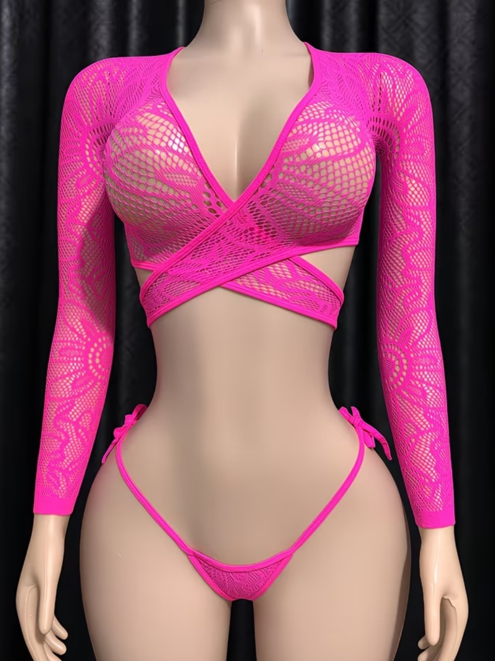 Neon Pink, Fishnet Wrap, Lingerie Set